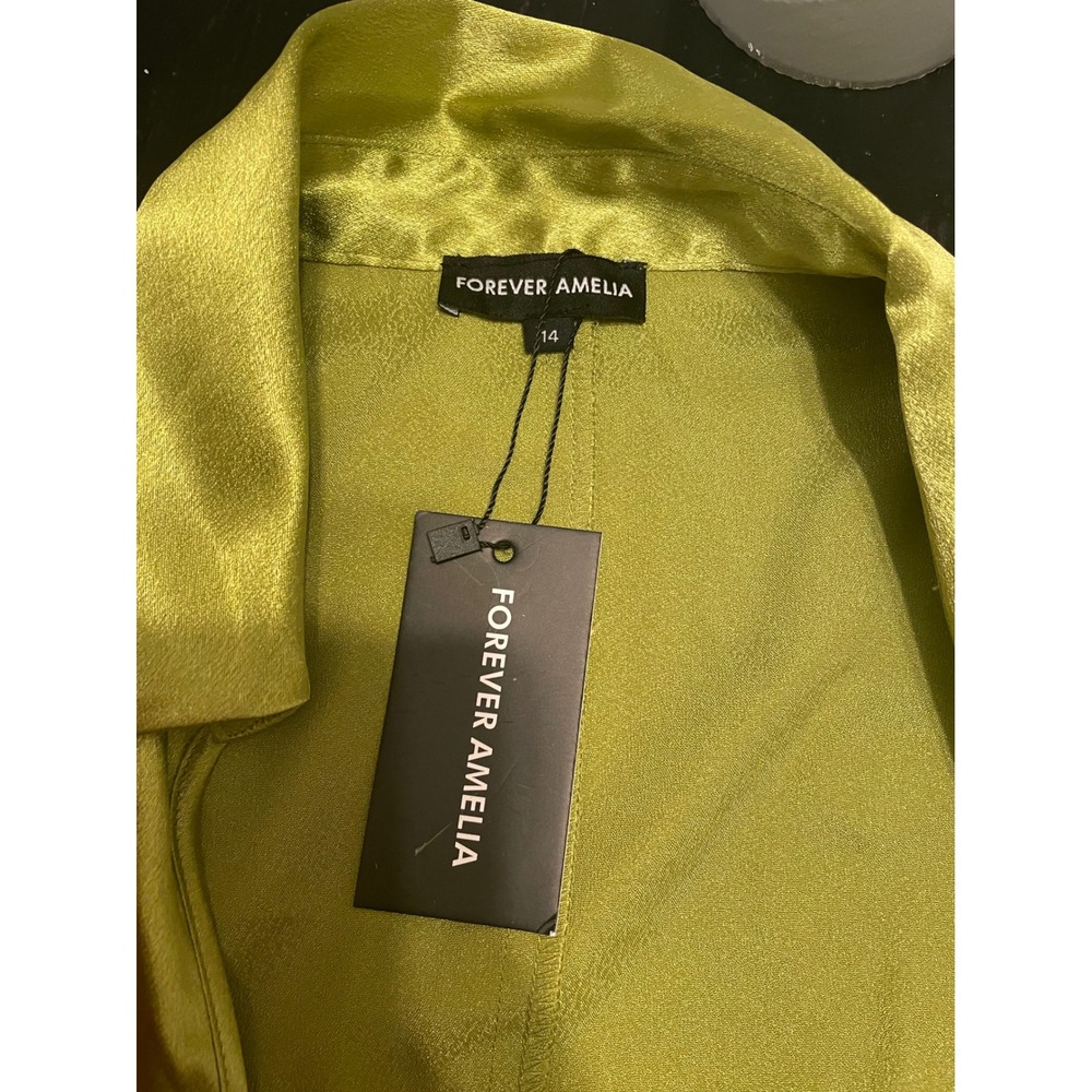 Forever Amelia Chartreuse Green Satin Wrap Maxi Dress Feather Cuff Womens 14 NEW - Picture 2 of 6